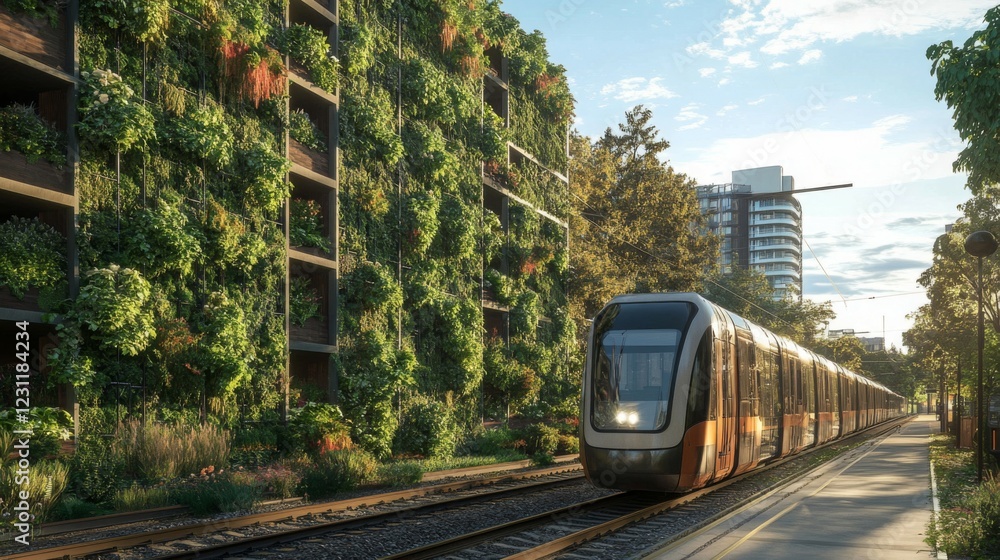 Naklejka premium Modern Light Rail Train Passing Green Building in City