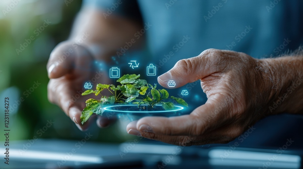 A person nurturing digital plants, showcasing the fusion of nature and technology. A person nurturing digital plants, showcasing the fusion of nature and technology.