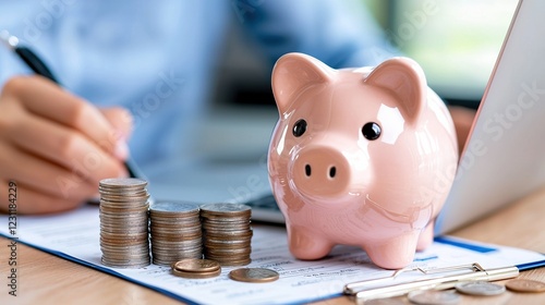 A person managing finances using a piggy bank and coins on a desk. photo