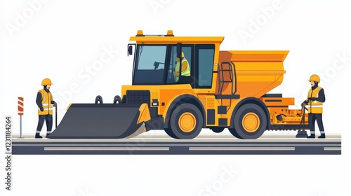 Construction workers operating a yellow heavy machinery on a road site with safety gear