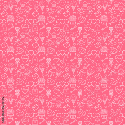 Romantic Doodle Love Pattern. The design is repetitive, employing a whimsical style, with white line art symbolizing love and affection, suitable for Valentine’s Day-themed projects.