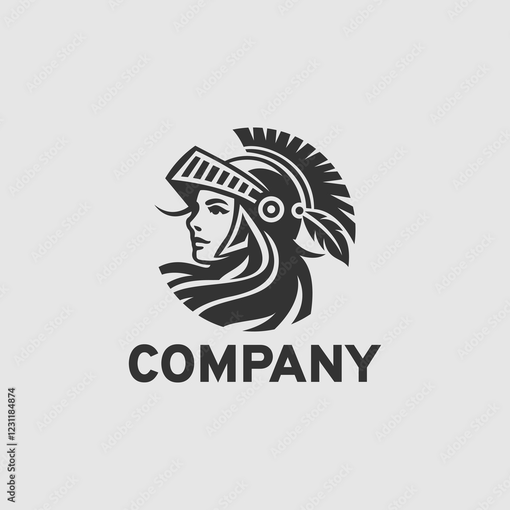 Fototapeta premium Female warrior or female knight logo design vector illustration in black and white style