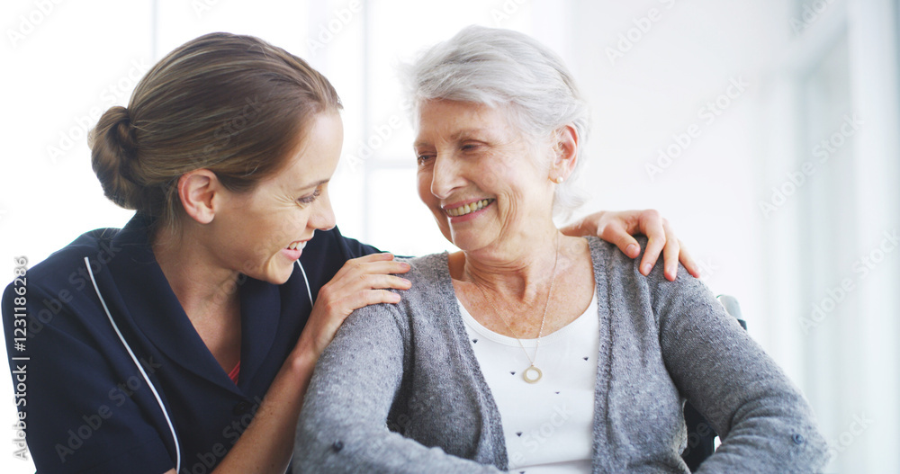 Elderly woman, caregiver or happy in nursing home with support, trust or friendly service. Senior care, people or patient with disability in retirement center for rehabilitation, recovery or wellness Elderly woman, caregiver or happy in nursing home with support, trust or friendly service. Senior care, people or patient with disability in retirement center for rehabilitation, recovery or wellness