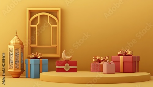 Festive Ramadan Gifts Presents Gold Lantern Islamic Moon Yellow Background photo