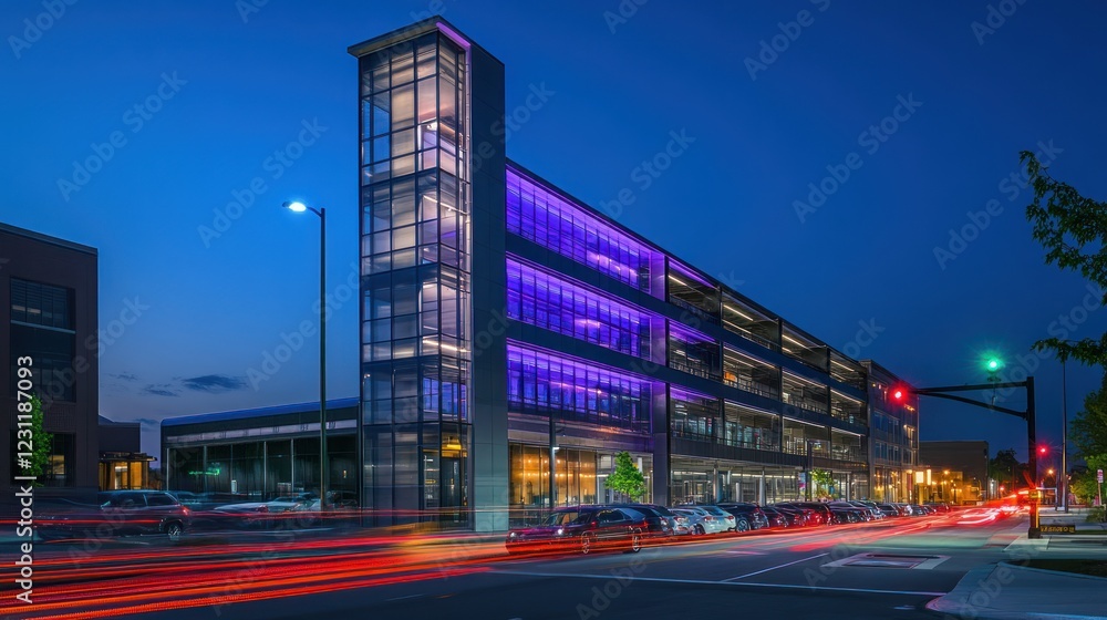 Fototapeta premium Multi-level car parking structure with modern lighting, clear signage, and a vibrant urban background