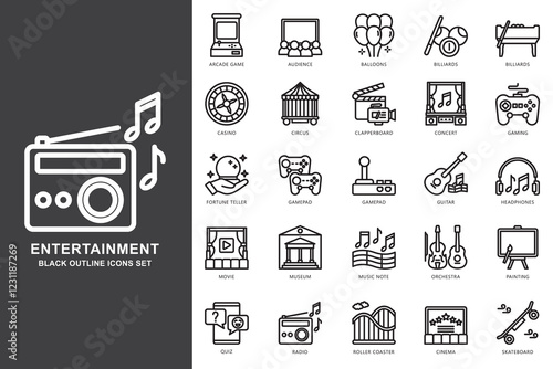 Entertainment black outline icons set. contain billiards, casino, circus, gamepad, music note, radio, orchestra and more. use for modern concept UI and UX kit, app and web development. Vector EPS 10.