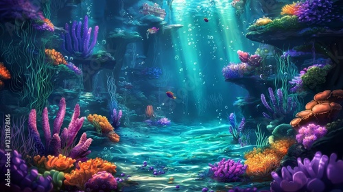 A vibrant coral habitat teeming with merfolk and aquatic life.
