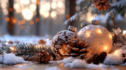 Wallpaper Mural Festive holiday decoration with ornaments pinecones and snow outdoor winter scene warm atmosphere close-up view Torontodigital.ca