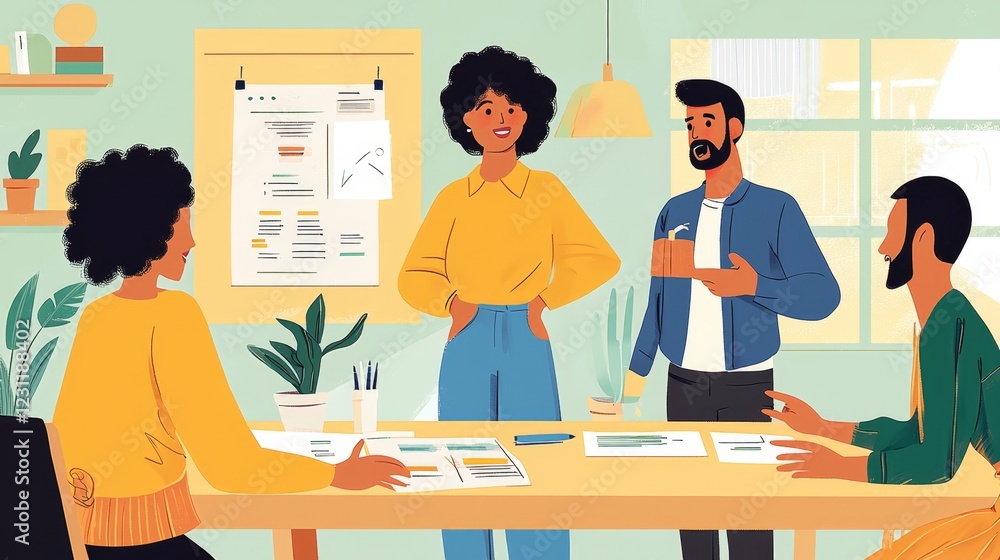 Illustration depicting individuals collaborating on various projects. Illustration depicting individuals collaborating on various projects.