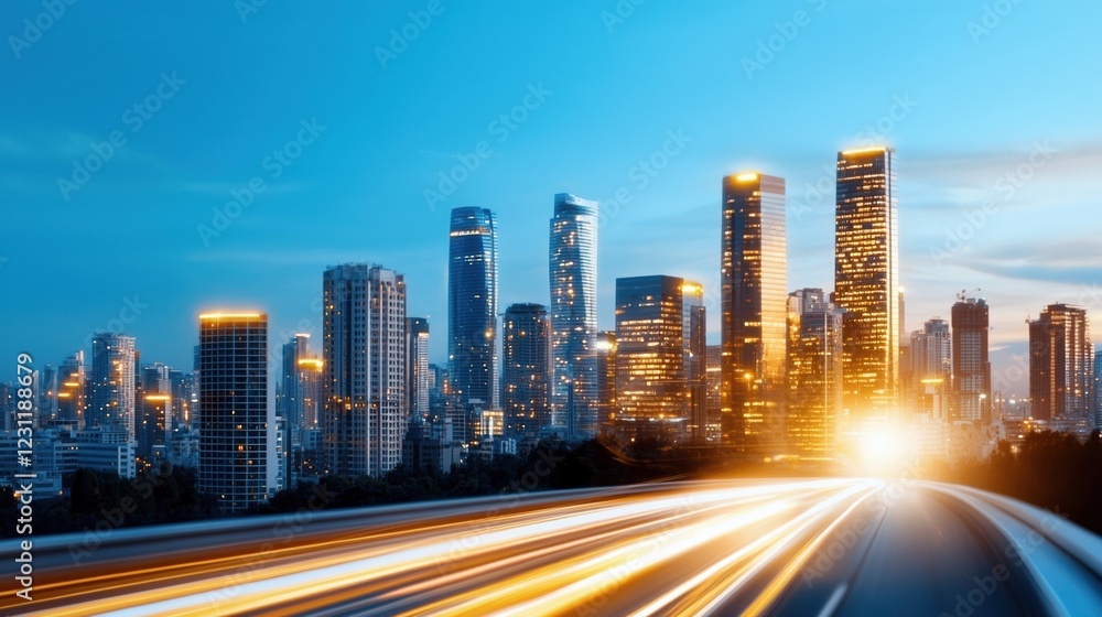 A vibrant city skyline illuminated at dusk with dynamic light trails from passing vehicles. A vibrant city skyline illuminated at dusk with dynamic light trails from passing vehicles.