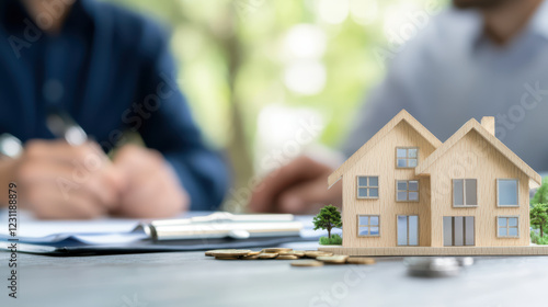 Two men are sitting at a table with a house model and a stack of coins