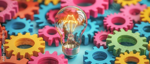 A light bulb sits amidst colorful gears, symbolizing creativity and innovation in a vibrant, imaginative setting.