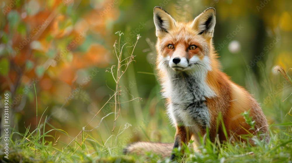 Fototapeta premium A fox is sitting in the grass, looking at the camera