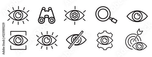 Business vision thin line icon vector set. Visible vector icon. search, look, eye view, searching, telescope, blind, find setting, investigate, target, watching, see, observe, spy, eyesight