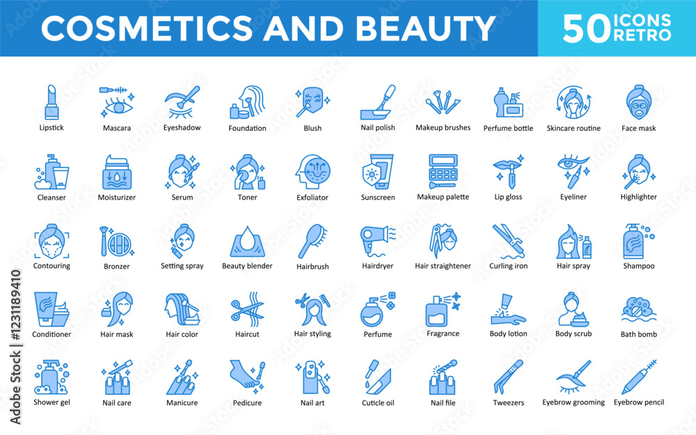 custom made wallpaper toronto digitalCosmetics and Beauty icons set with lipstick, mascara, eyeshadow, foundation, blush, nail polish, makeup brushes, perfume bottle, skincare routine, face mask icon. Simple retro vector