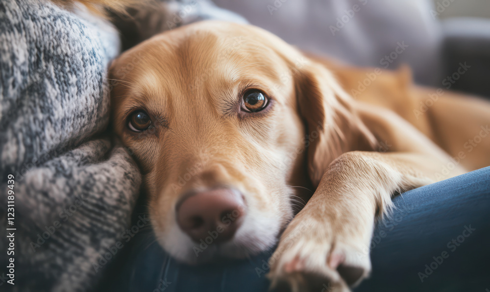 A dog is laying on a couch with its head on a person's shoulder A dog is laying on a couch with its head on a person's shoulder