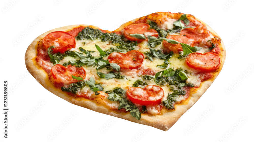 Delicious heart shaped pizza with tomatoes, basil, and pesto on transparent background Delicious heart shaped pizza with tomatoes, basil, and pesto on transparent background