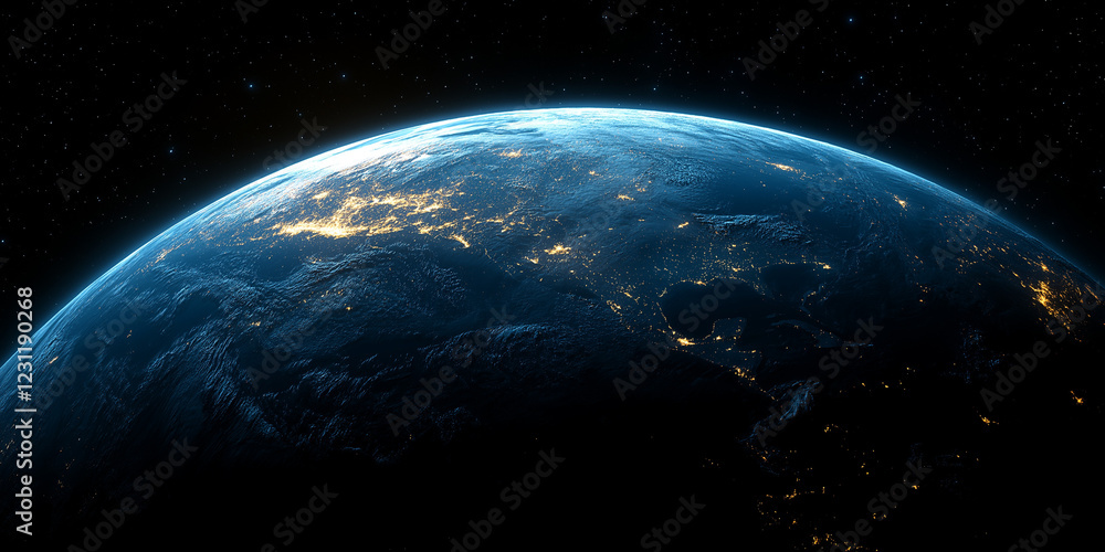 Obraz premium Earth viewed from space with city lights glowing