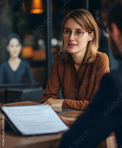 Equipo de negocios profesional realizando una entrevista en una oficina moderna, discutiendo oportunidades de carrera, reclutamiento y desarrollo profesional para el éxito corporativo