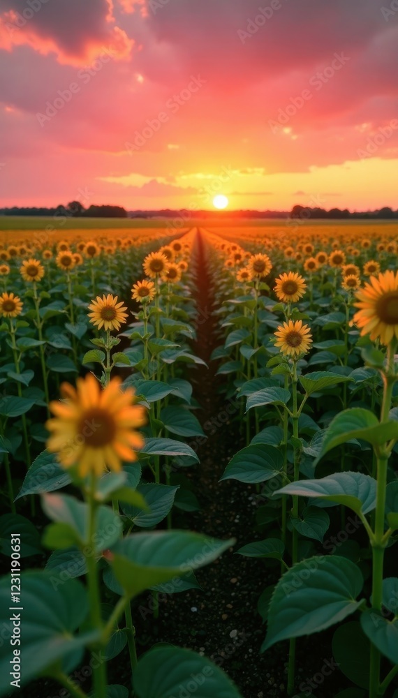 Fototapeta premium Wide shot of soybean field during sunrise or sunset under warm orange and pink hues, nature, crops, scenery