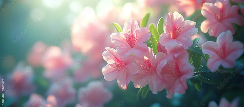 Pink azaleas blooming, garden sunlight, blurred background, spring Pink azaleas blooming, garden sunlight, blurred background, spring