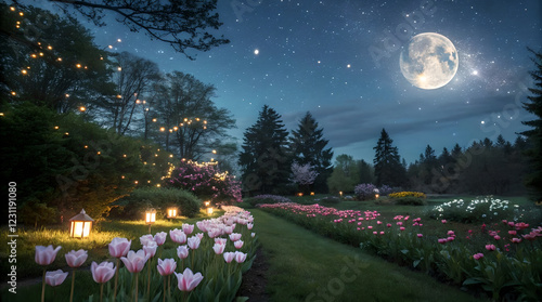 Tranquil Night Garden with Pink Tulips, Lanterns, and Starry Sky, Pathway with Pink Tulips, Lanterns, and Full Moon in Peaceful Garden, Magical Night Garden with Tulips, Lanterns, and Full Moon Above