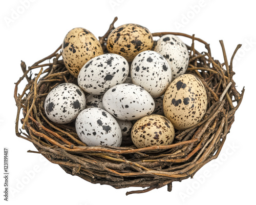 nest filled with speckled quail eggs, showcasing various colors and patterns, isolated on transparency background. natural beauty of eggs creates serene and peaceful atmosphere