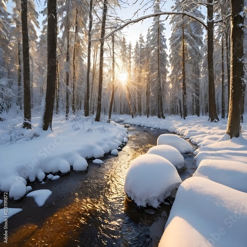 Luz dorada de la mañana en el bosque invernal, nieve profunda e intacta, aire fresco y arroyo helado. photo