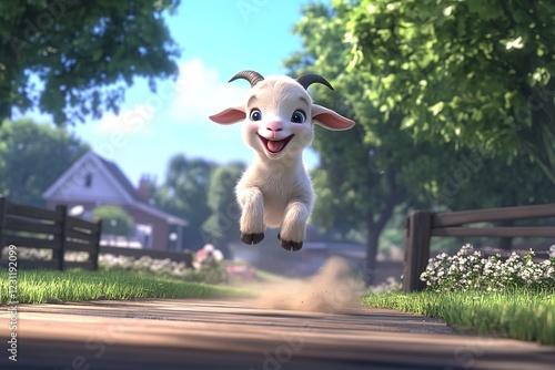 Happy Goat Kid Leaps Joyfully Across Pathway photo