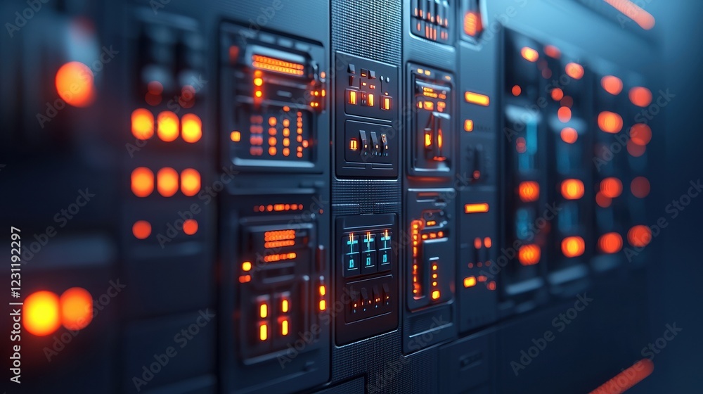 Close-up view of a futuristic control panel with glowing buttons and digital displays. Close-up view of a futuristic control panel with glowing buttons and digital displays.