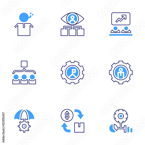 Business management icon set. Bold line style. Duotone colors. Editable stroke. cash flow, risk, team, consultant, goal, crisis management, management, employee, settings