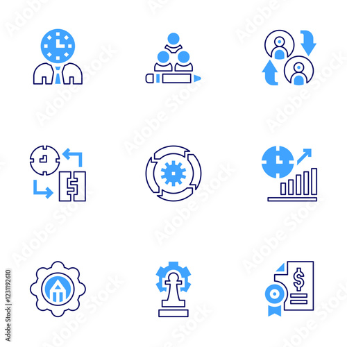 Business management icon set. Bold line style. Duotone colors. Editable stroke. strategic, iteration, businessman, time is money, content management, planning, bar chart, exchange, loan