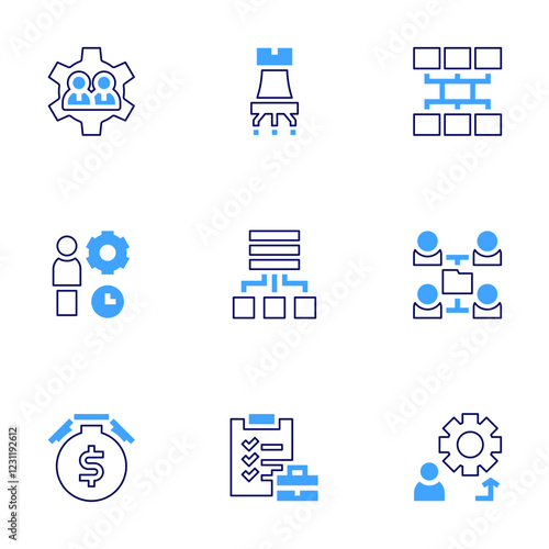 Business management icon set. Bold line style. Duotone colors. Editable stroke. strategy, association, stopwatch, team management, management, aggregation, team, checklist, network