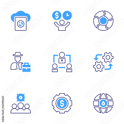 Business management icon set. Bold line style. Duotone colors. Editable stroke. teamwork, cloud, stock market, s, configuration, decision, hierarchical structure, asset management, worldwide