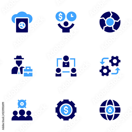 Business management icon set. Bold style. Duotone colors. configuration, decision, hierarchical structure, asset management, worldwide