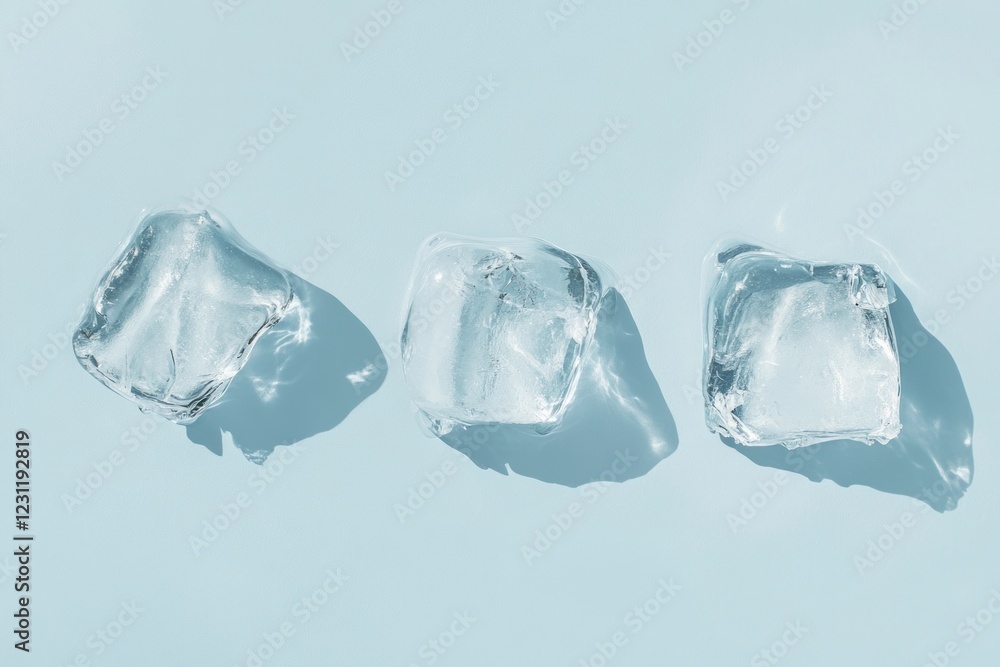 Obraz premium Three ice cubes on a light blue background.