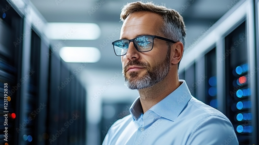 Confident IT professional in a server room working with advanced technology. Confident IT professional in a server room working with advanced technology.