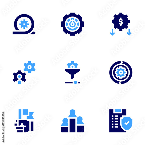 Business management icon set. Bold style. Duotone colors. risk, recession, sustain, clipboard, filtering, podium, settings, sprint, flag