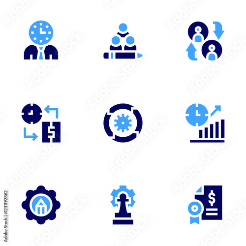 Business management icon set. Bold style. Duotone colors. strategic, iteration, businessman, time is money, content management, planning, bar chart, exchange, loan