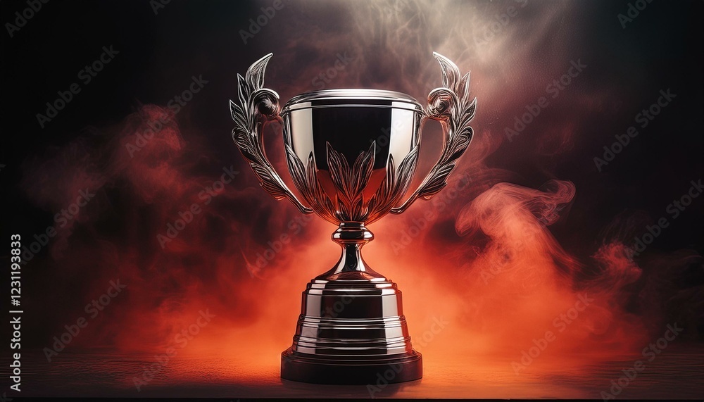 cup of the winner on a red background. Silver Trophy award competition with smoke in the dark , Red Tone . cup of the winner on a red background. Silver Trophy award competition with smoke in the dark , Red Tone .