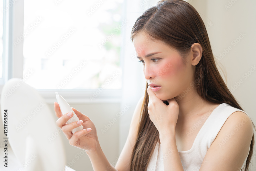 Dermatology, asian young woman looking at mirror, holding cream tube in hand, expression worry and itch, itchy allergy or allergic sensitive reaction, red or rash on face. Beauty care of skin problem Dermatology, asian young woman looking at mirror, holding cream tube in hand, expression worry and itch, itchy allergy or allergic sensitive reaction, red or rash on face. Beauty care of skin problem