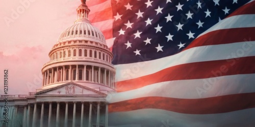 Wallpaper Mural Neoclassical United States Capitol with waving American flag against a vibrant sunset sky, evoking patriotism and national pride. Torontodigital.ca