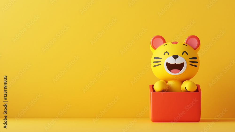 Playful Jack-in-the-Box tiger toy with a big smile against a bright yellow background. April Fool’s Day Playful Jack-in-the-Box tiger toy with a big smile against a bright yellow background. April Fool’s Day
