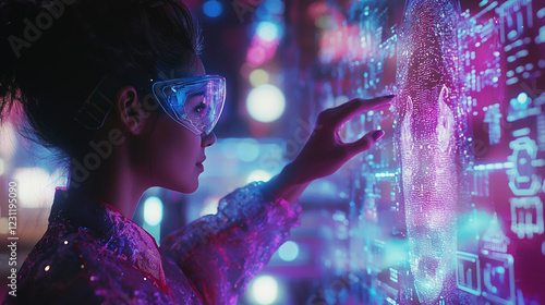 Wallpaper Mural A Worker woman stand infront of holographic form, her finger point on it.  Torontodigital.ca