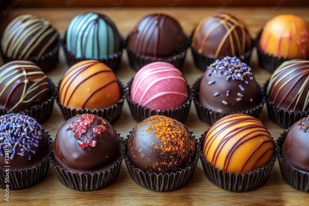 Obraz premium Delicious Assorted Gourmet Chocolate Truffles Arranged on a Rustic Wooden Board.