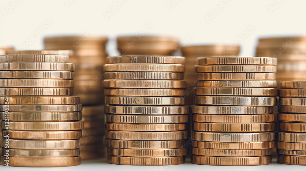 Stacks of Coins: Close-up view of numerous stacks of copper-colored coins, arranged in varying heights, creating a visual representation of wealth, savings, or financial growth. Stacks of Coins: Close-up view of numerous stacks of copper-colored coins, arranged in varying heights, creating a visual representation of wealth, savings, or financial growth.