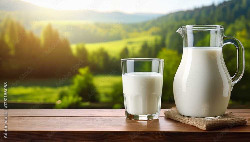 glass of milk on the table. Fresh organic milk in glass and bottle on rustic wooden table on nature background. glass of milk on the table. Fresh organic milk in glass and bottle on rustic wooden table on nature background.