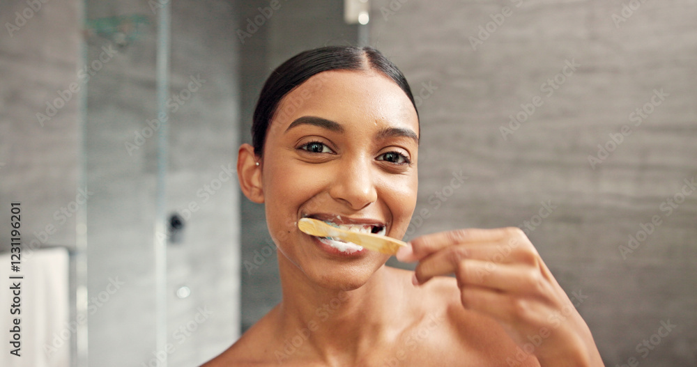 Woman, portrait or brushing teeth in bathroom for oral care, morning routine or wellness on vacation. Person, bamboo toothbrush or mirror POV in luxury apartment or cleaning for gingivitis prevention Woman, portrait or brushing teeth in bathroom for oral care, morning routine or wellness on vacation. Person, bamboo toothbrush or mirror POV in luxury apartment or cleaning for gingivitis prevention