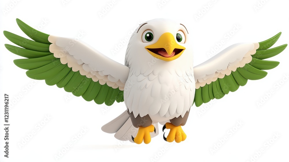 Cheerful Cartoon Eagle in Flight White and Green Wings, 3D Rendered Cheerful Cartoon Eagle in Flight White and Green Wings, 3D Rendered