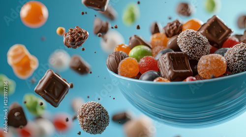 vibrant bowl filled with assorted candy, chocolates, and gummies, creating playful scene